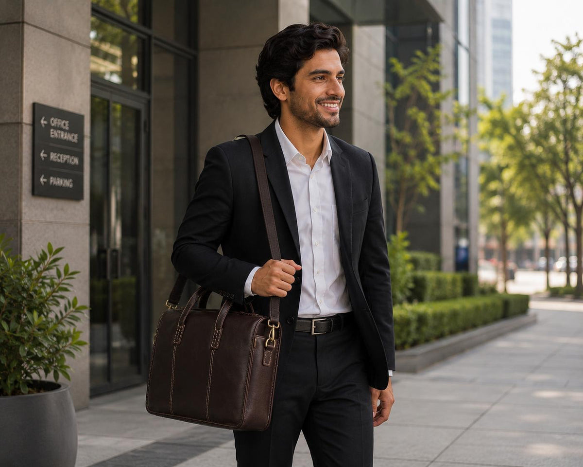 Men’s Genuine Leather Laptop Briefcase | Vintage Business Office Messenger Bag | Fits Up to 15.6” Laptop | Dark Brown