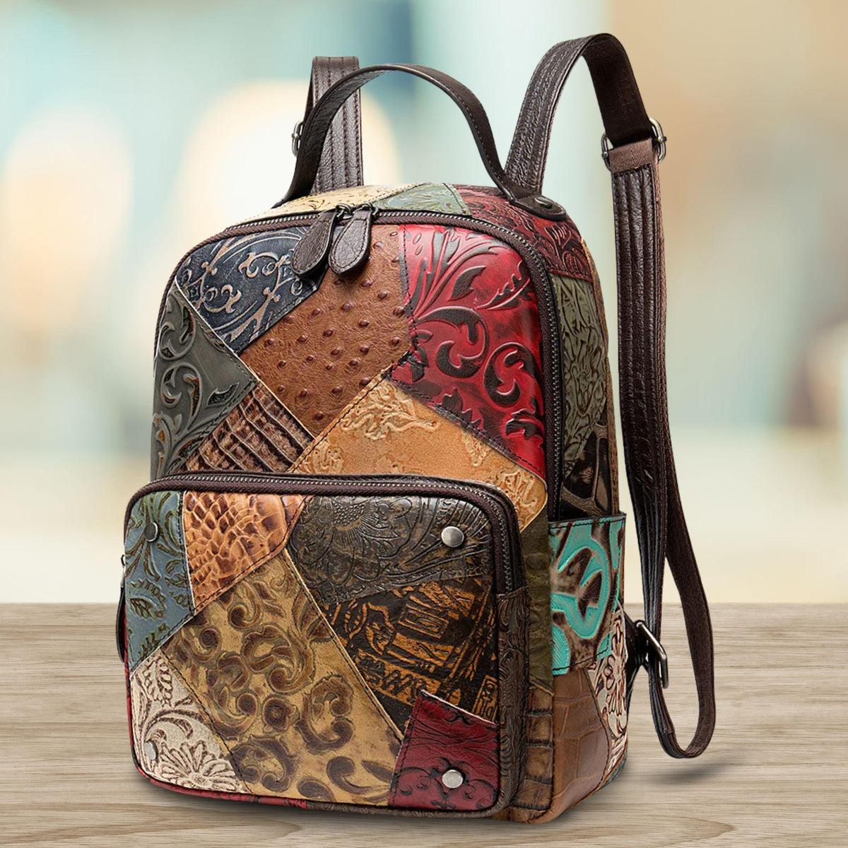 Patchwork Leather Backpack: Convertible Shoulder Bag, Travel Daypack