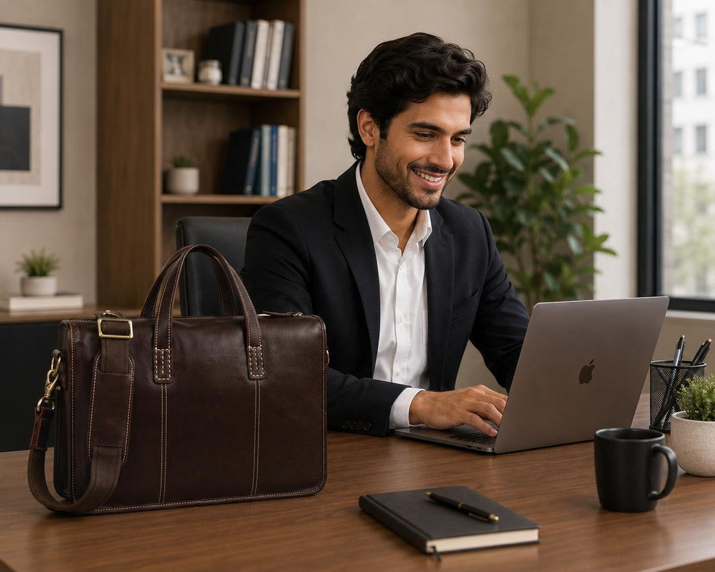 Men’s Genuine Leather Laptop Briefcase | Vintage Business Office Messenger Bag | Fits Up to 15.6” Laptop | Dark Brown