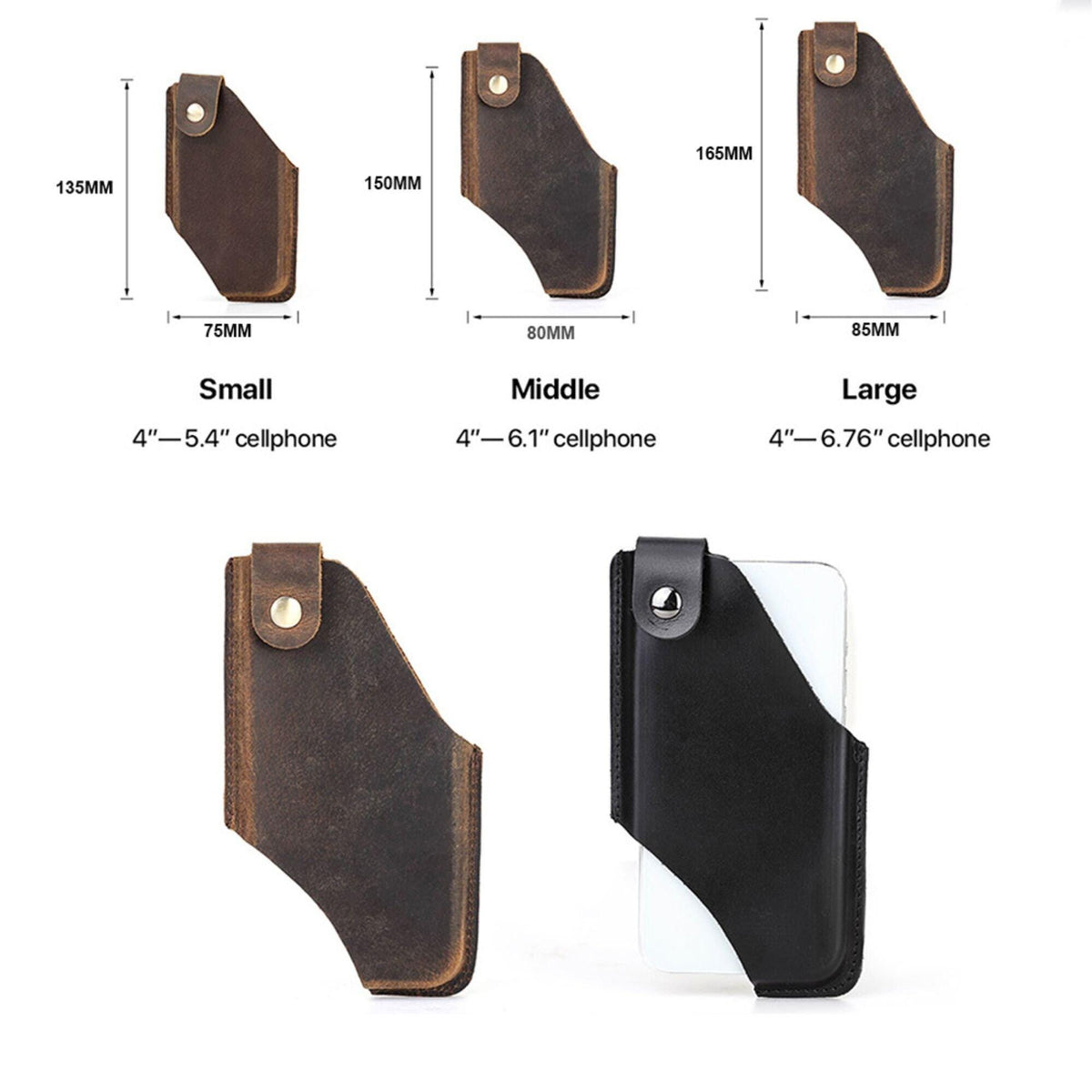 Premium Genuine Leather Phone Holster Belt Pouch for Men | Vertical Waist Case | Black Leather Phone Holder