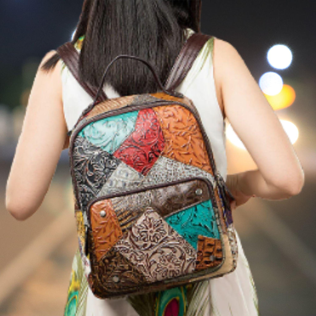 Patchwork Leather Backpack: Convertible Shoulder Bag, Travel Daypack