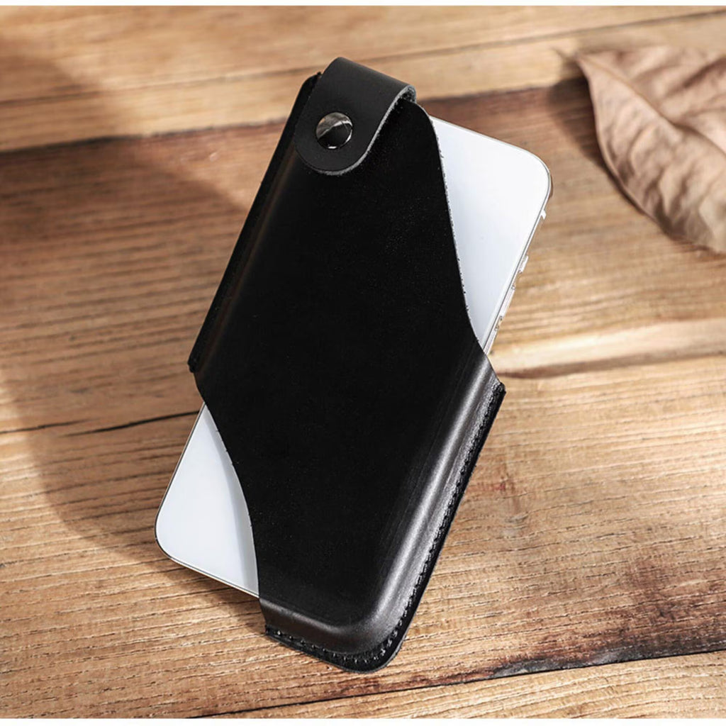 Premium Genuine Leather Phone Holster Belt Pouch for Men | Vertical Waist Case | Black Leather Phone Holder