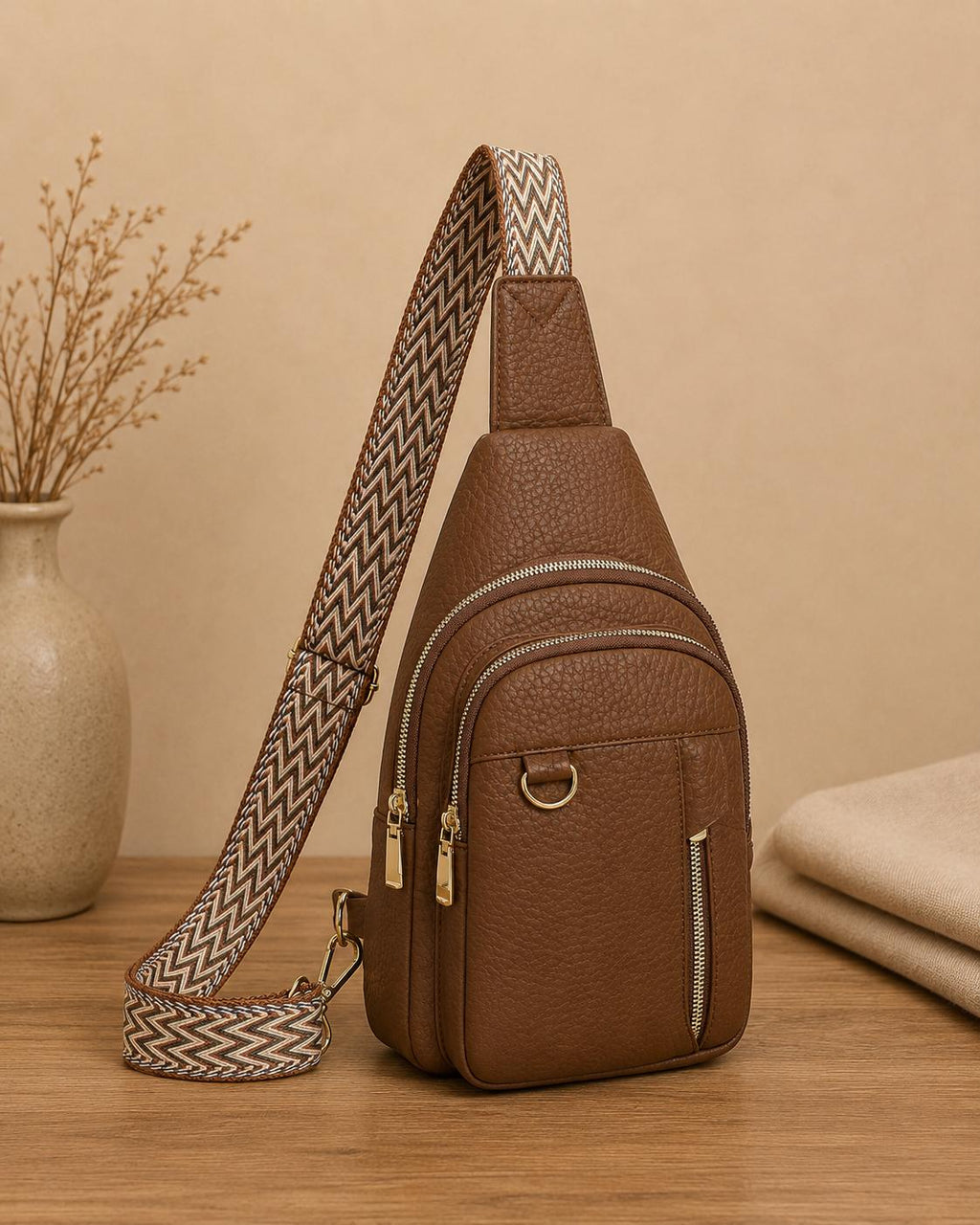 Premium Women’s Brown Leather Sling Bag – Trendy Crossbody Chest Bag with Adjustable Strap