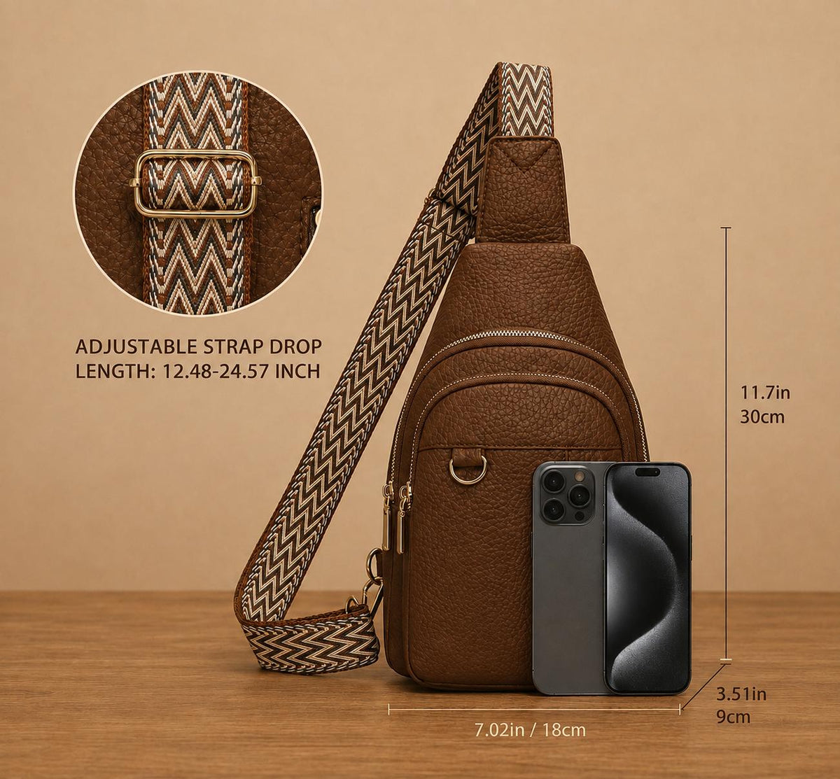 Premium Women’s Brown Leather Sling Bag – Trendy Crossbody Chest Bag with Adjustable Strap