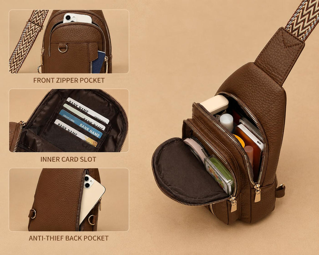Premium Women’s Brown Leather Sling Bag – Trendy Crossbody Chest Bag with Adjustable Strap