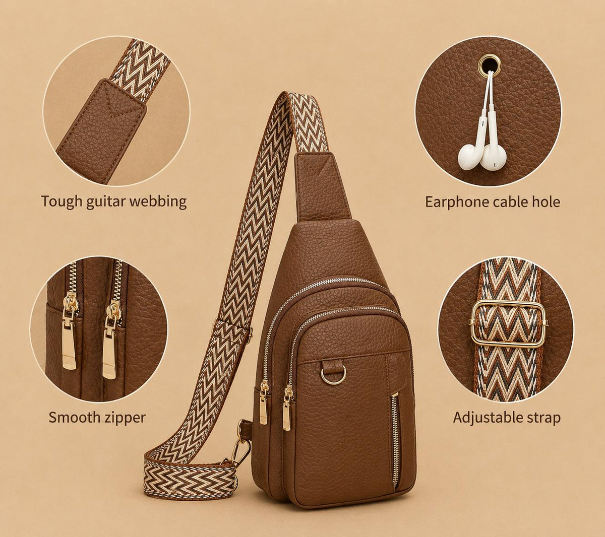 Premium Women’s Brown Leather Sling Bag – Trendy Crossbody Chest Bag with Adjustable Strap