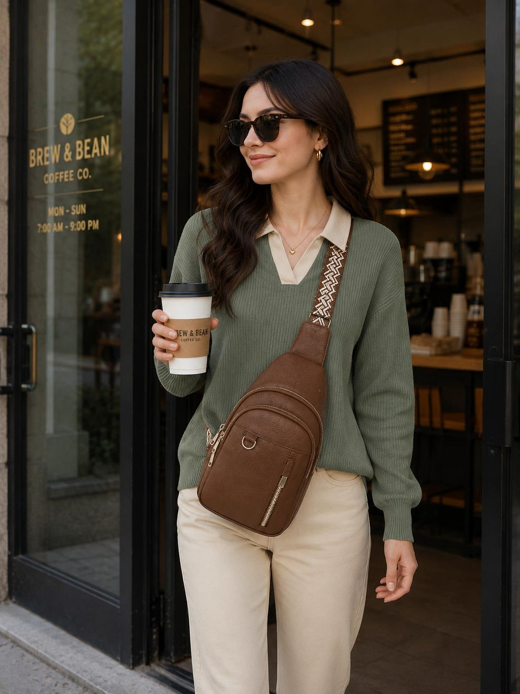 Premium Women’s Brown Leather Sling Bag – Trendy Crossbody Chest Bag with Adjustable Strap