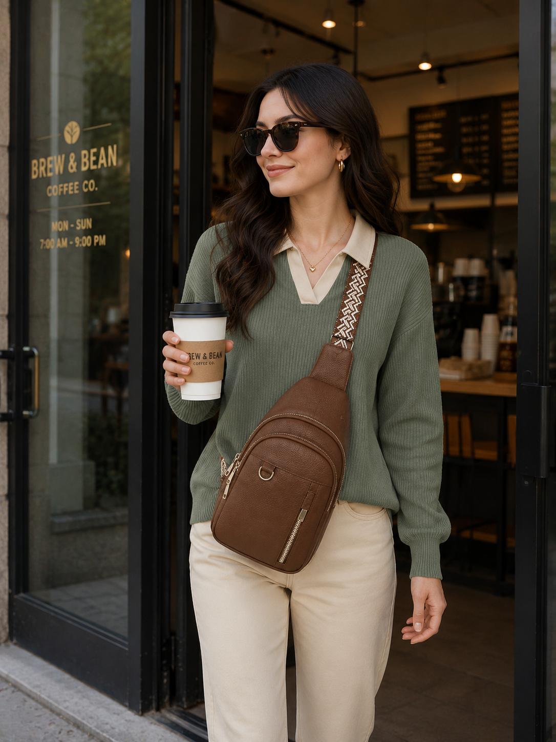 Premium Women’s Brown Leather Sling Bag – Trendy Crossbody Chest Bag with Adjustable Strap