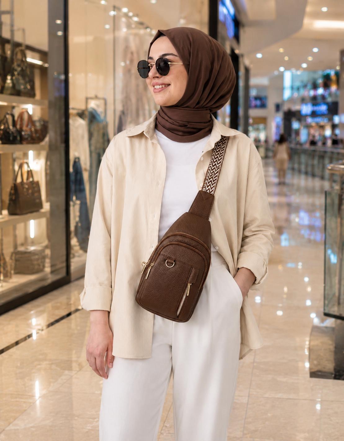 Premium Women’s Brown Leather Sling Bag – Trendy Crossbody Chest Bag with Adjustable Strap