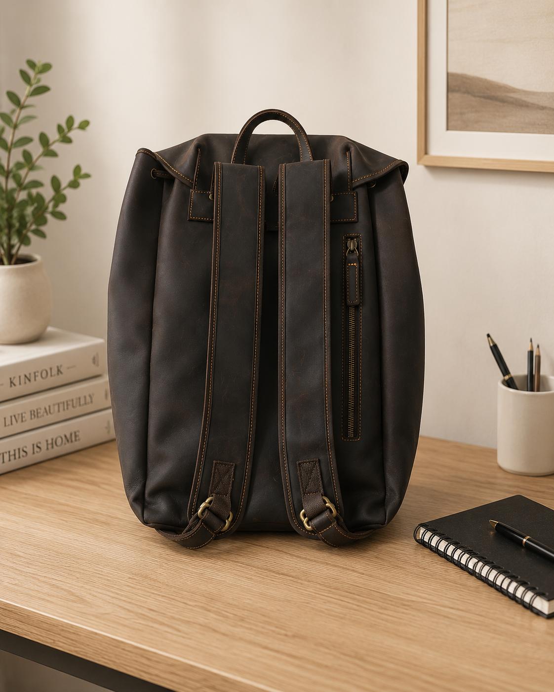 Premium Vintage Leather Laptop Backpack | Waterproof Travel & Office Rucksack (Dark Brown)