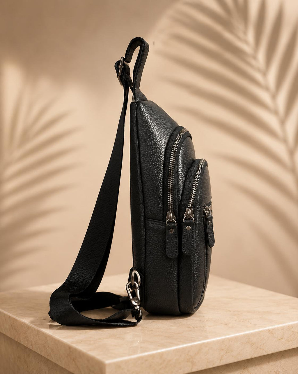 Unisex Black Leather Sling Bag – Compact Crossbody Bag with Multiple Pockets
