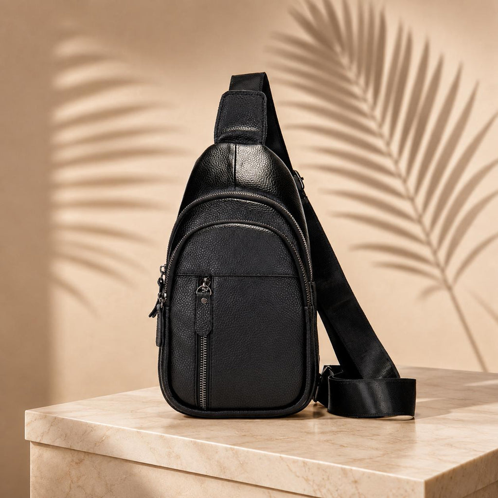 Unisex Black Leather Sling Bag – Compact Crossbody Bag with Multiple Pockets