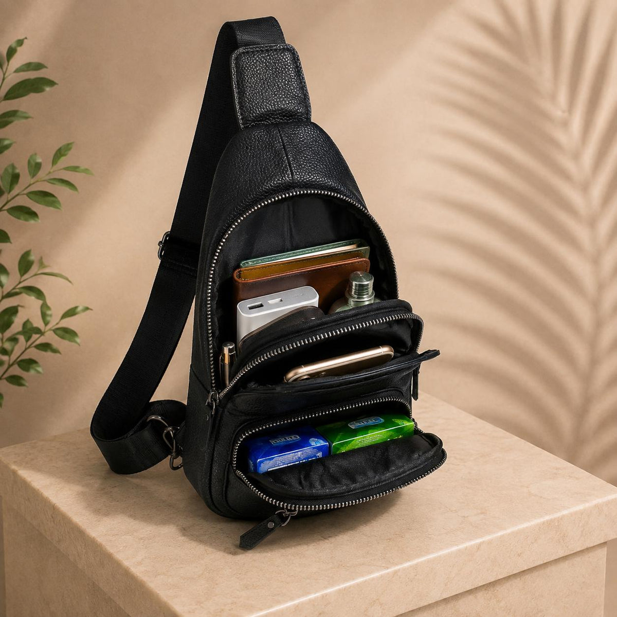 Unisex Black Leather Sling Bag – Compact Crossbody Bag with Multiple Pockets