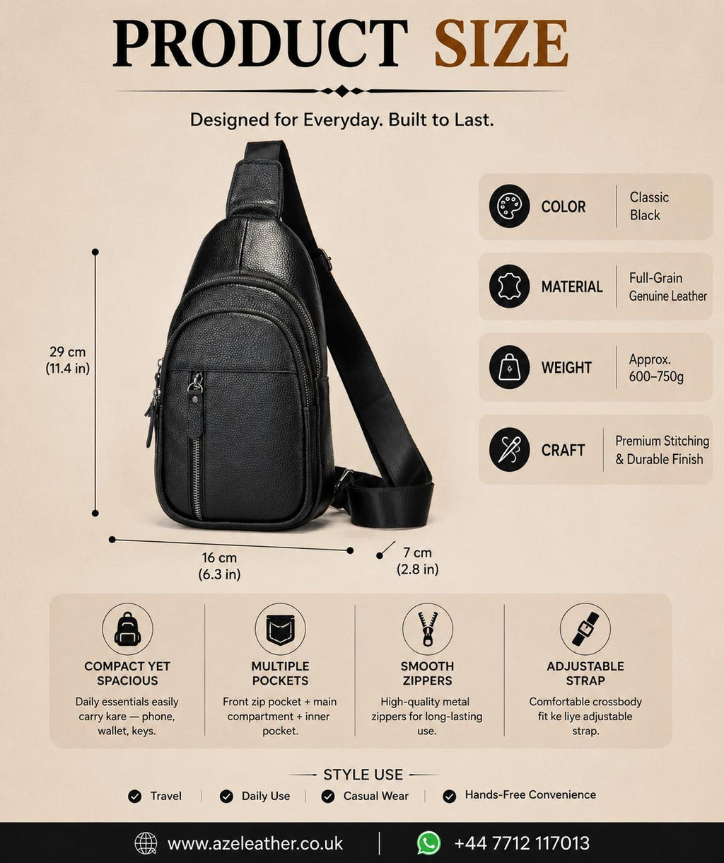 Unisex Black Leather Sling Bag – Compact Crossbody Bag with Multiple Pockets
