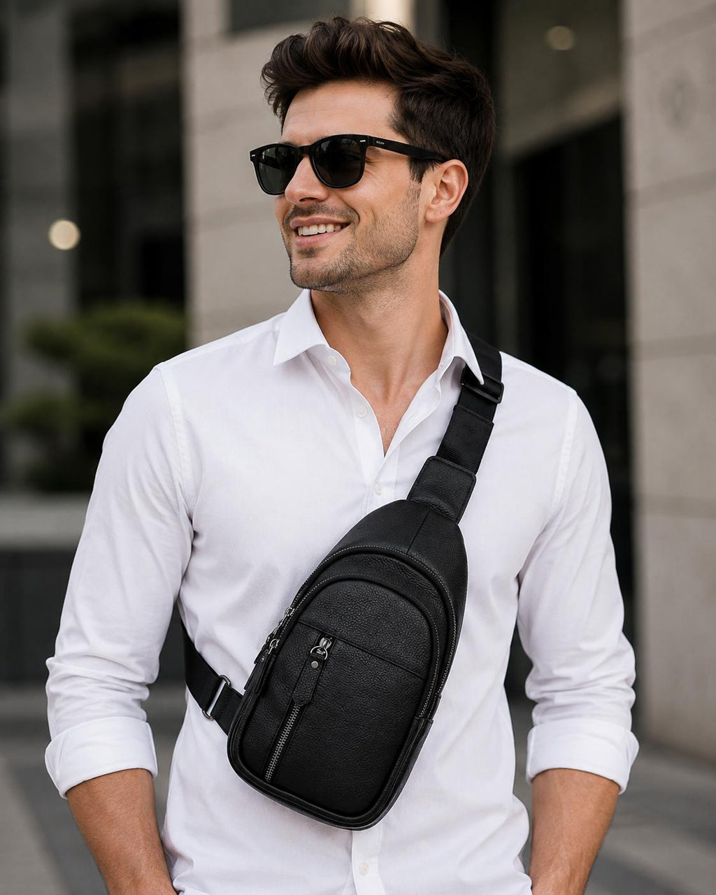 Unisex Black Leather Sling Bag – Compact Crossbody Bag with Multiple Pockets