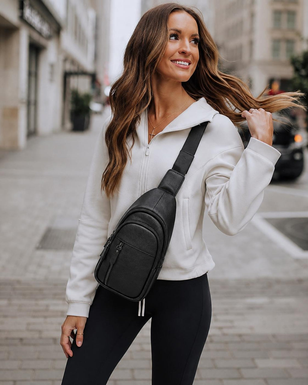 Unisex Black Leather Sling Bag – Compact Crossbody Bag with Multiple Pockets