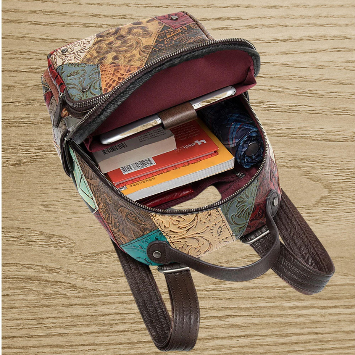 Patchwork Leather Backpack: Convertible Shoulder Bag, Travel Daypack