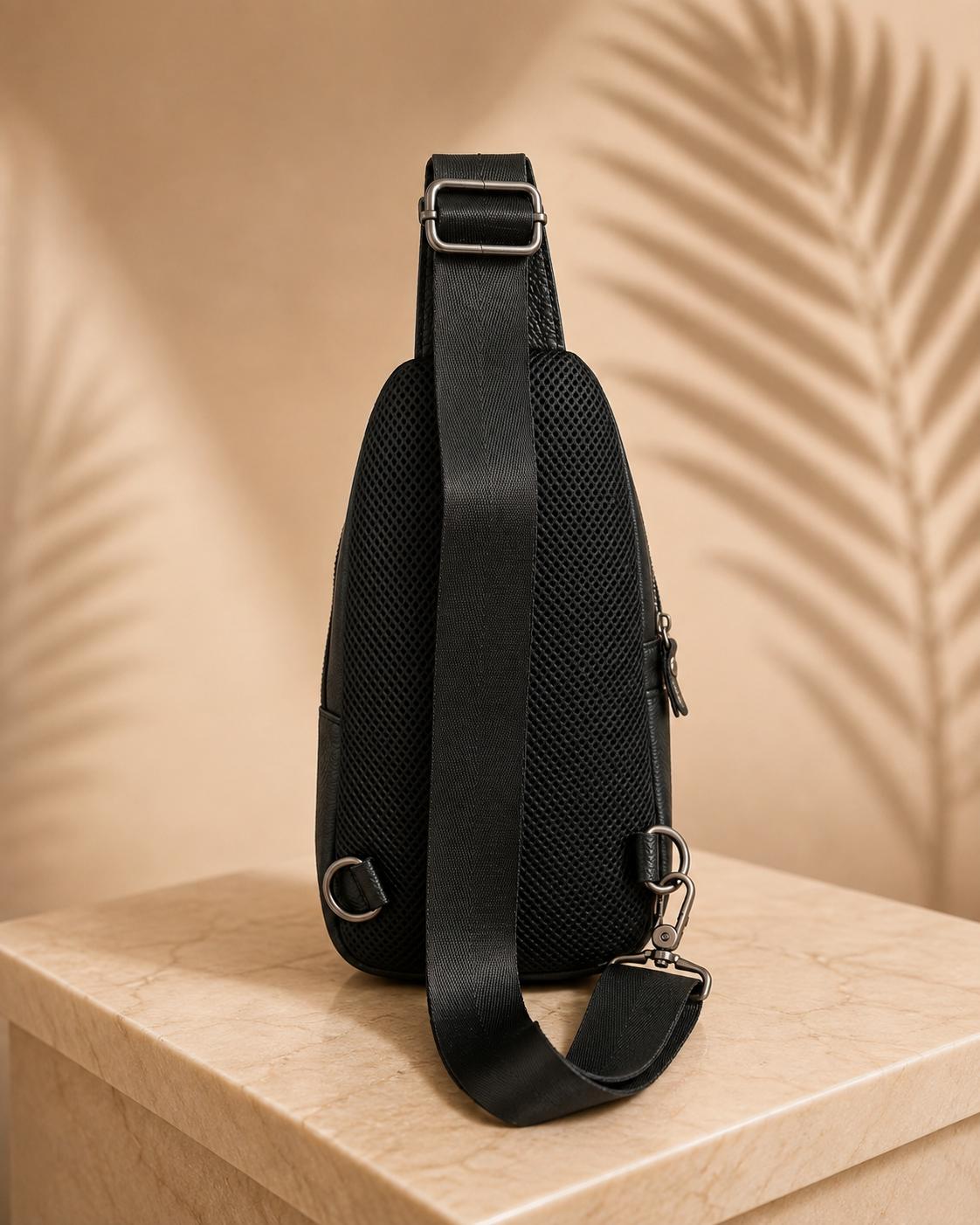 Unisex Black Leather Sling Bag – Compact Crossbody Bag with Multiple Pockets