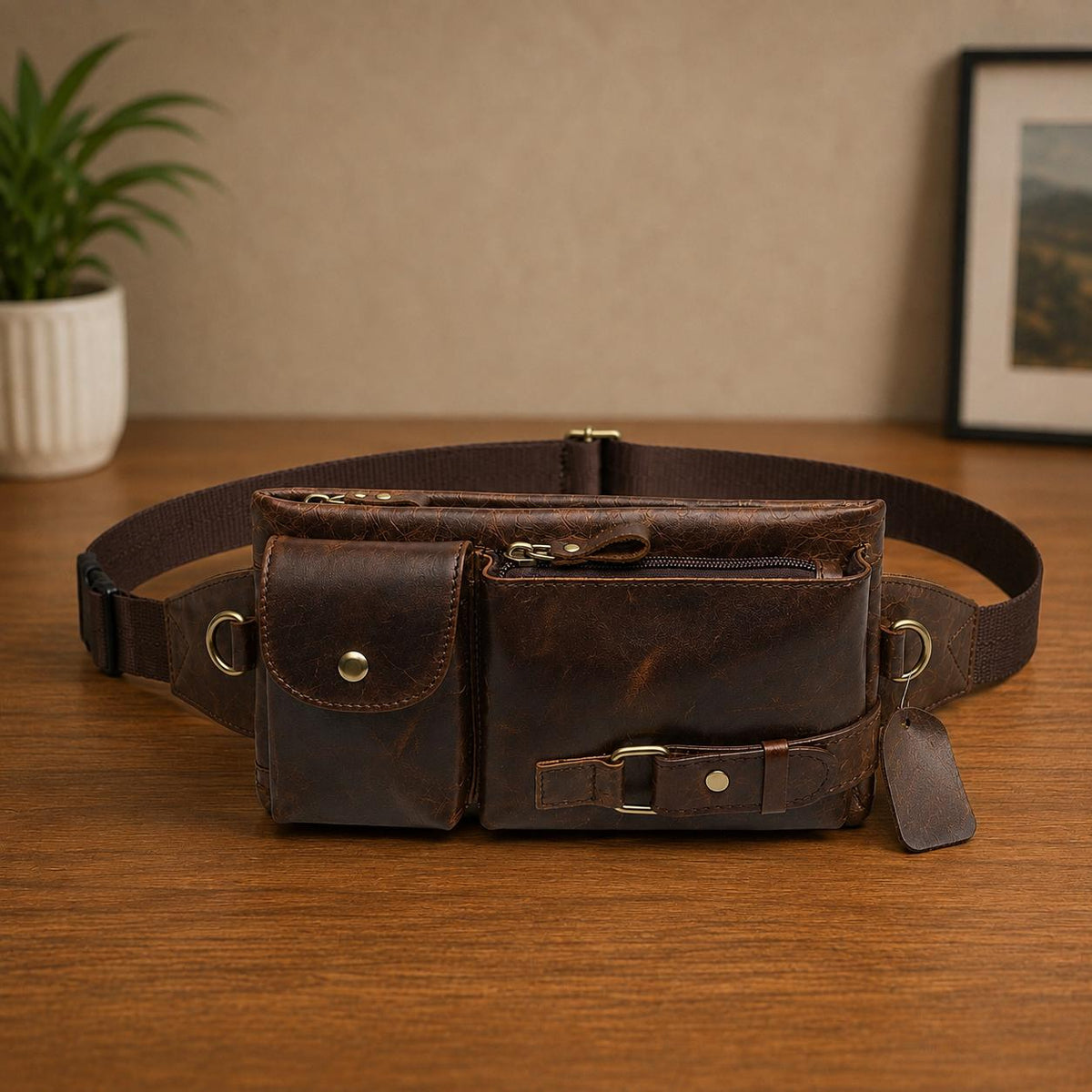 Premium Full-Grain Leather Crossbody Waist Bag for Men – Vintage Multi-Pocket Travel Sling (Dark Brown)