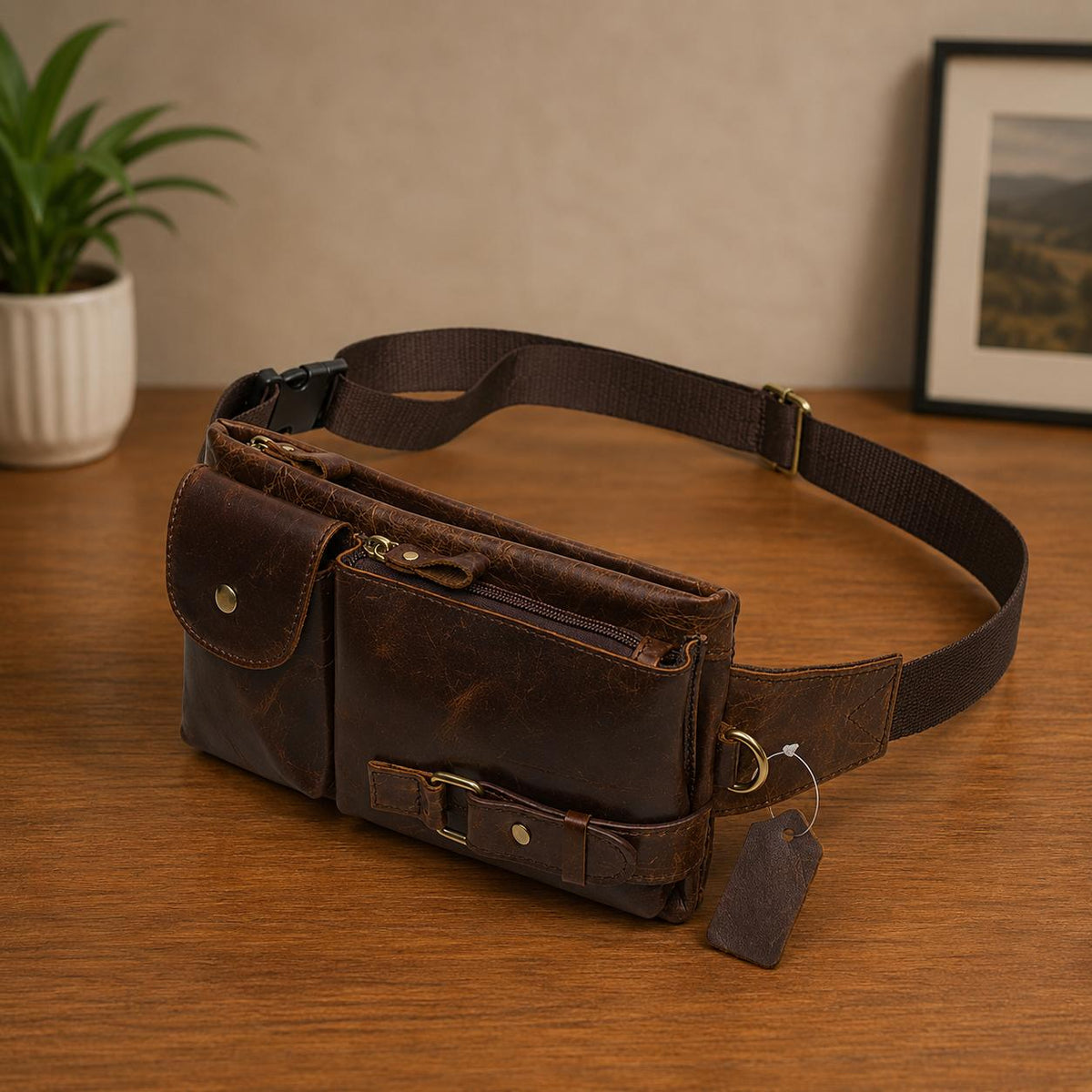 Premium Full-Grain Leather Crossbody Waist Bag for Men – Vintage Multi-Pocket Travel Sling (Dark Brown)