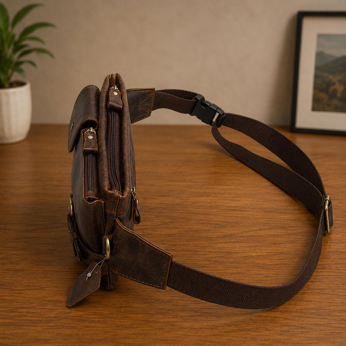 Premium Full-Grain Leather Crossbody Waist Bag for Men – Vintage Multi-Pocket Travel Sling (Dark Brown)