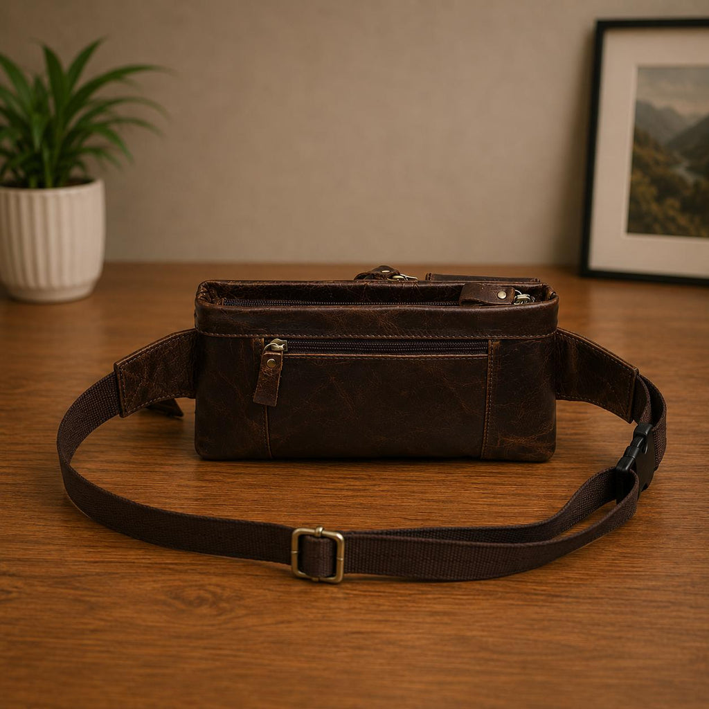 Premium Full-Grain Leather Crossbody Waist Bag for Men – Vintage Multi-Pocket Travel Sling (Dark Brown)