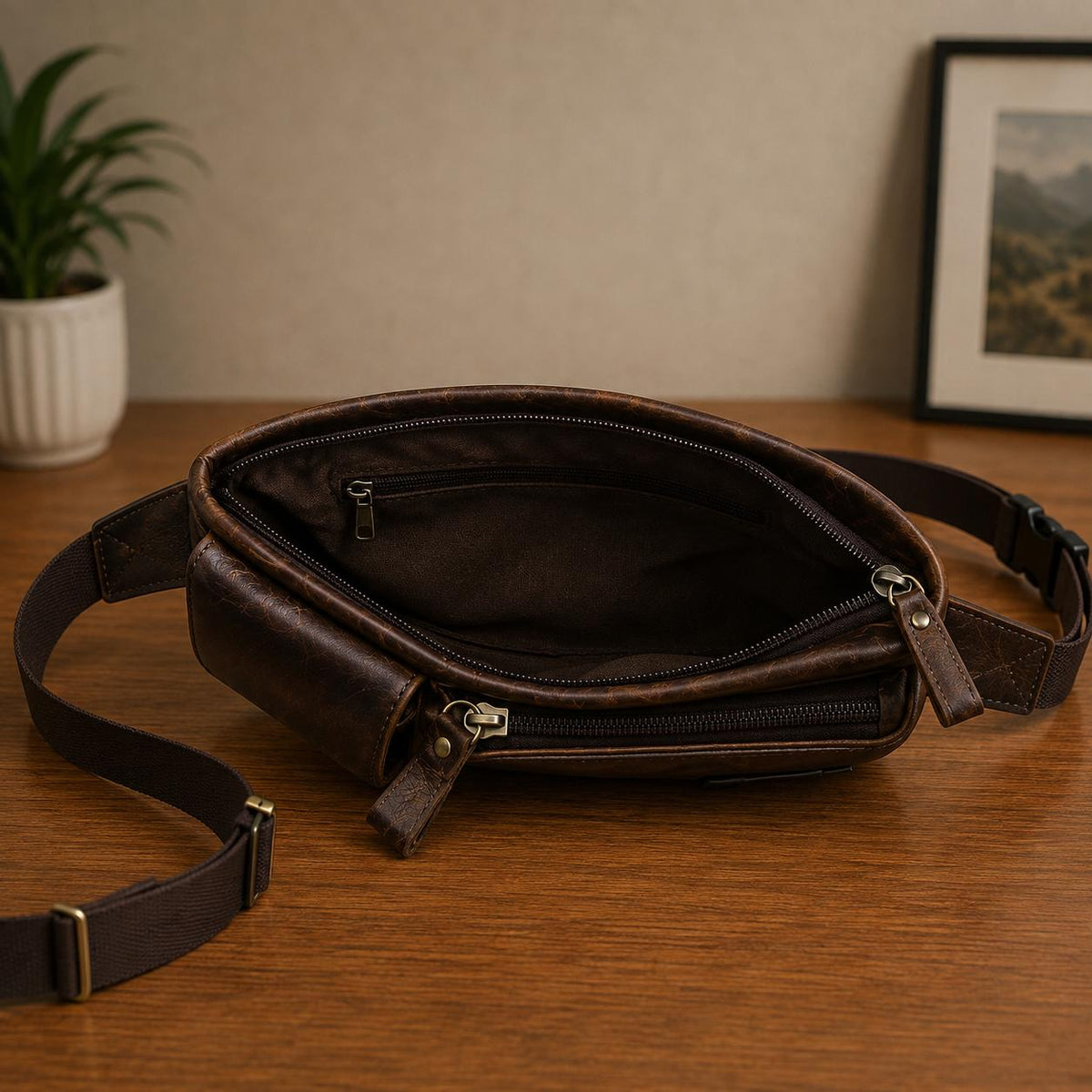 Premium Full-Grain Leather Crossbody Waist Bag for Men – Vintage Multi-Pocket Travel Sling (Dark Brown)