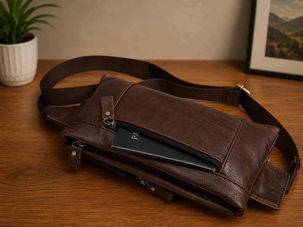 Premium Full-Grain Leather Crossbody Waist Bag for Men – Vintage Multi-Pocket Travel Sling (Dark Brown)