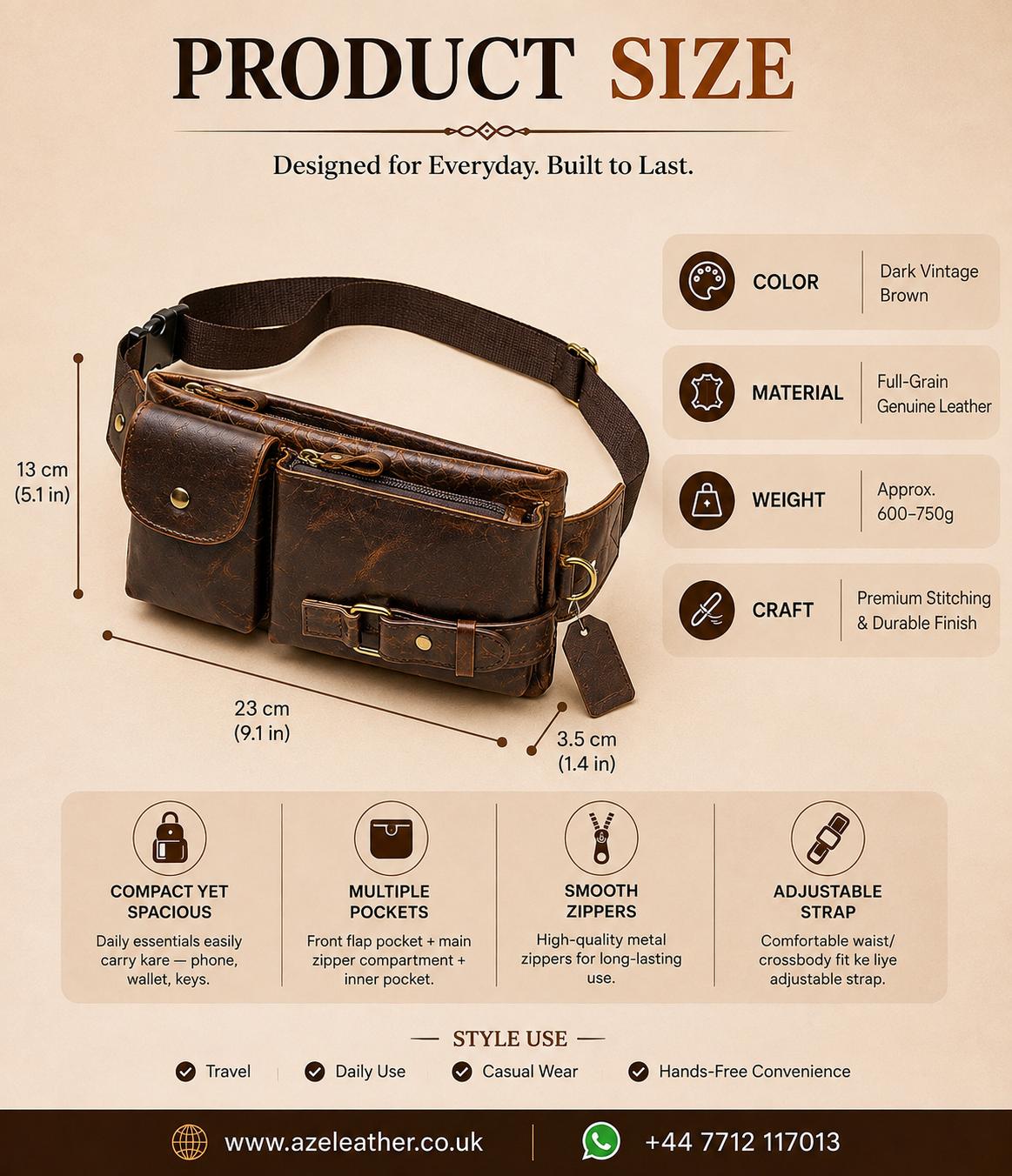Premium Full-Grain Leather Crossbody Waist Bag for Men – Vintage Multi-Pocket Travel Sling (Dark Brown)