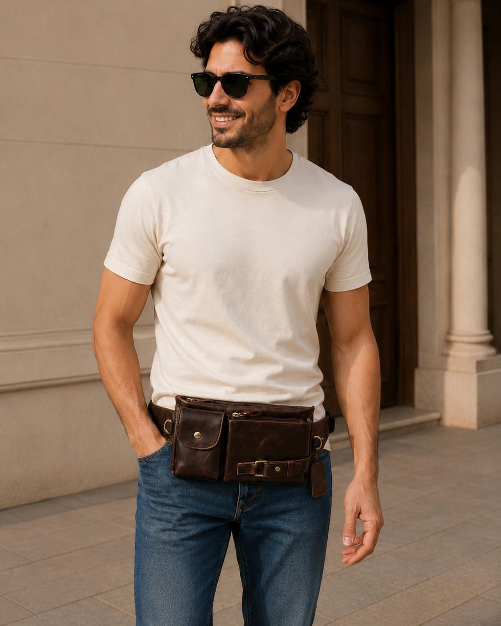 Premium Full-Grain Leather Crossbody Waist Bag for Men – Vintage Multi-Pocket Travel Sling (Dark Brown)