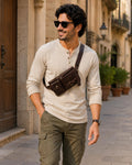 Premium Full-Grain Leather Crossbody Waist Bag for Men – Vintage Multi-Pocket Travel Sling (Dark Brown)