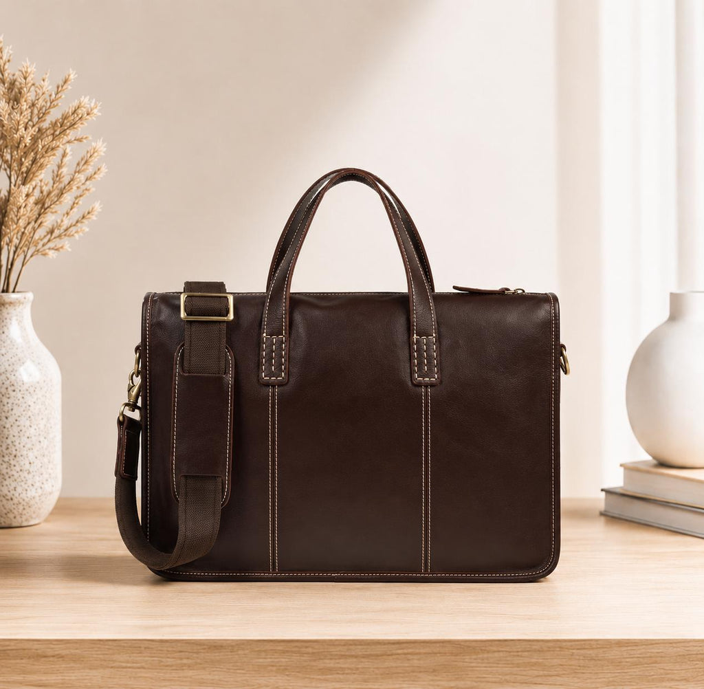 Men’s Genuine Leather Laptop Briefcase | Vintage Business Office Messenger Bag | Fits Up to 15.6” Laptop | Dark Brown