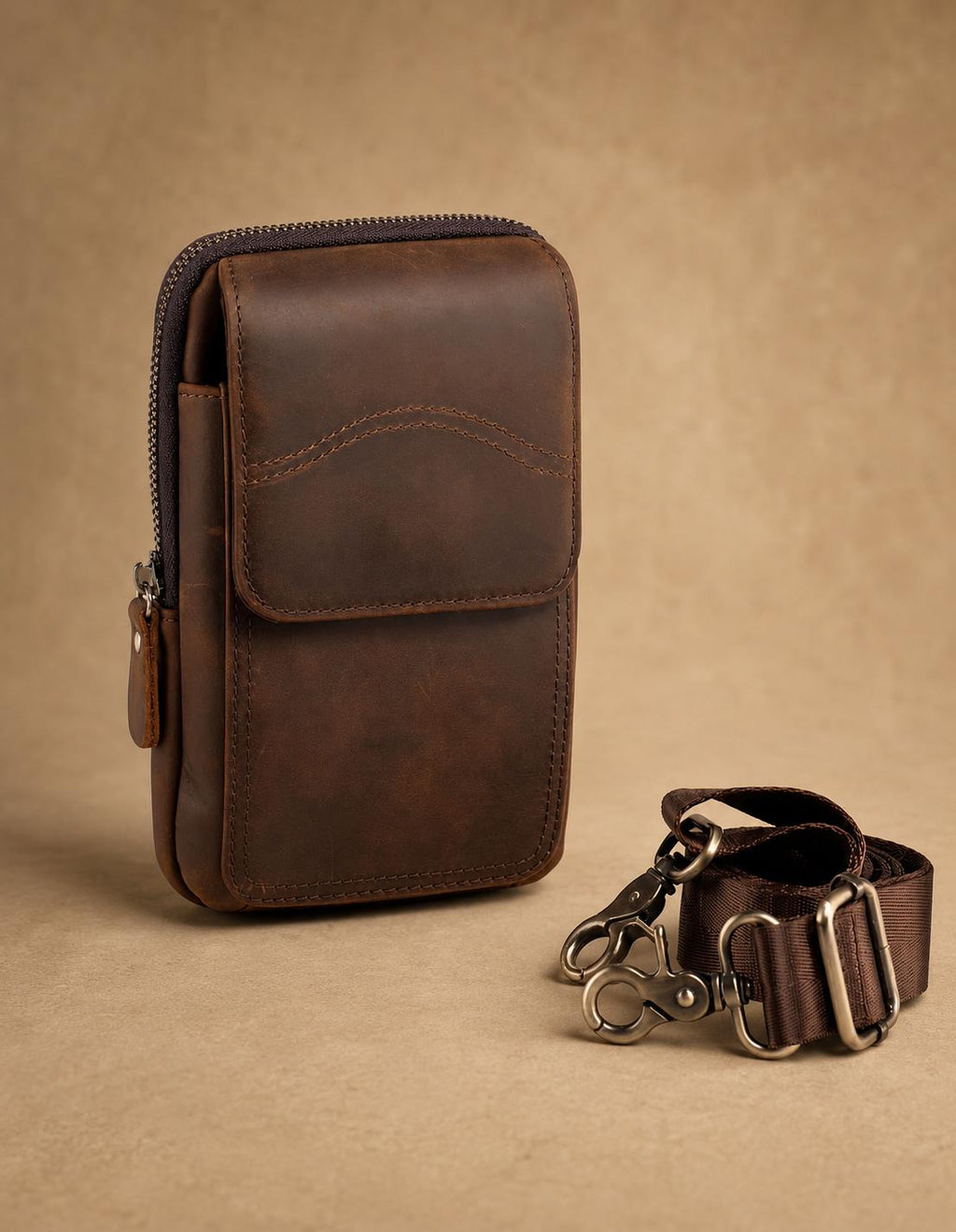 Premium Full-Grain Leather Crossbody Waist Bag for Men – Vintage Multi-Pocket Travel Sling (Dark Brown)
