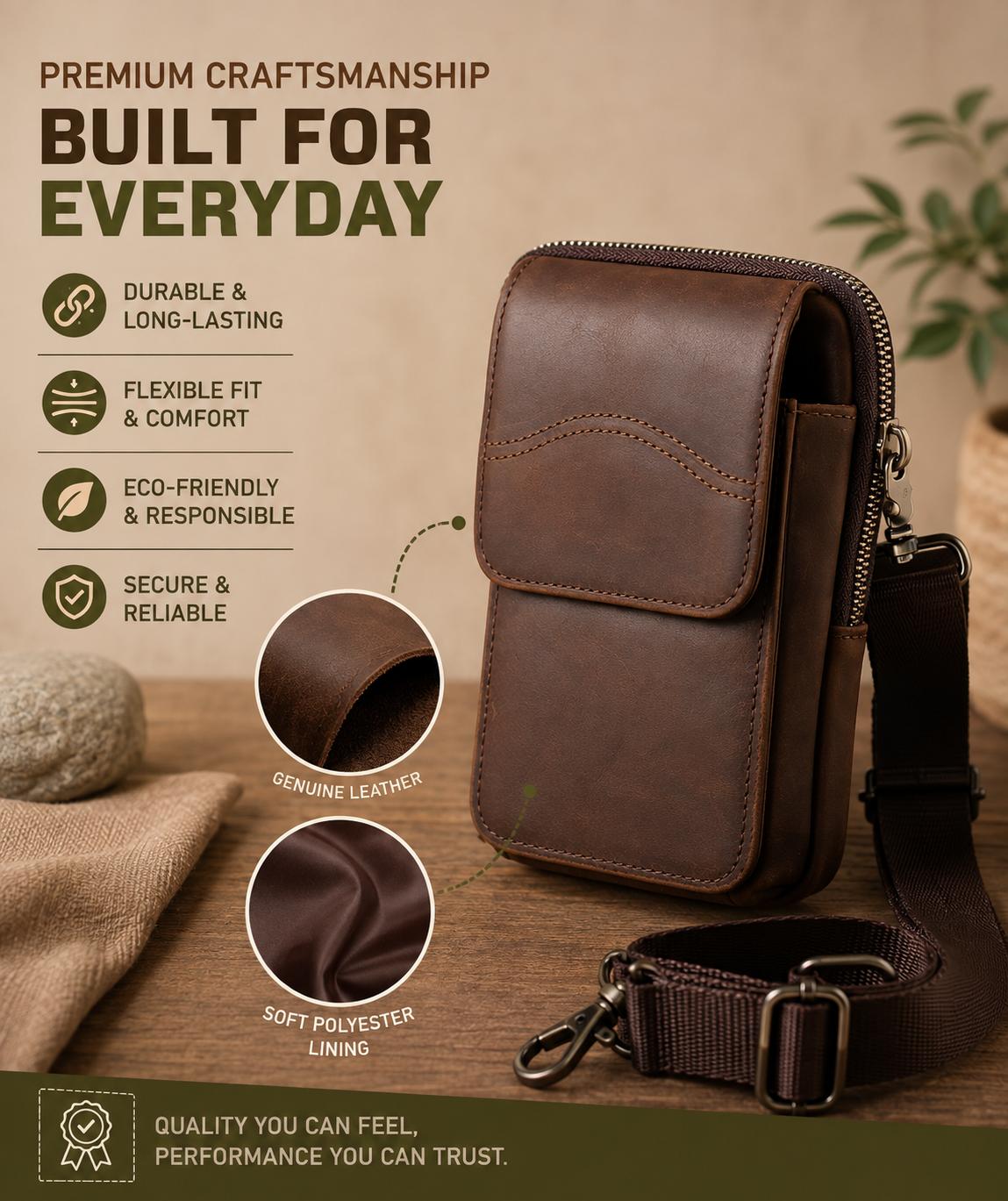 Premium Full-Grain Leather Crossbody Waist Bag for Men – Vintage Multi-Pocket Travel Sling (Dark Brown)