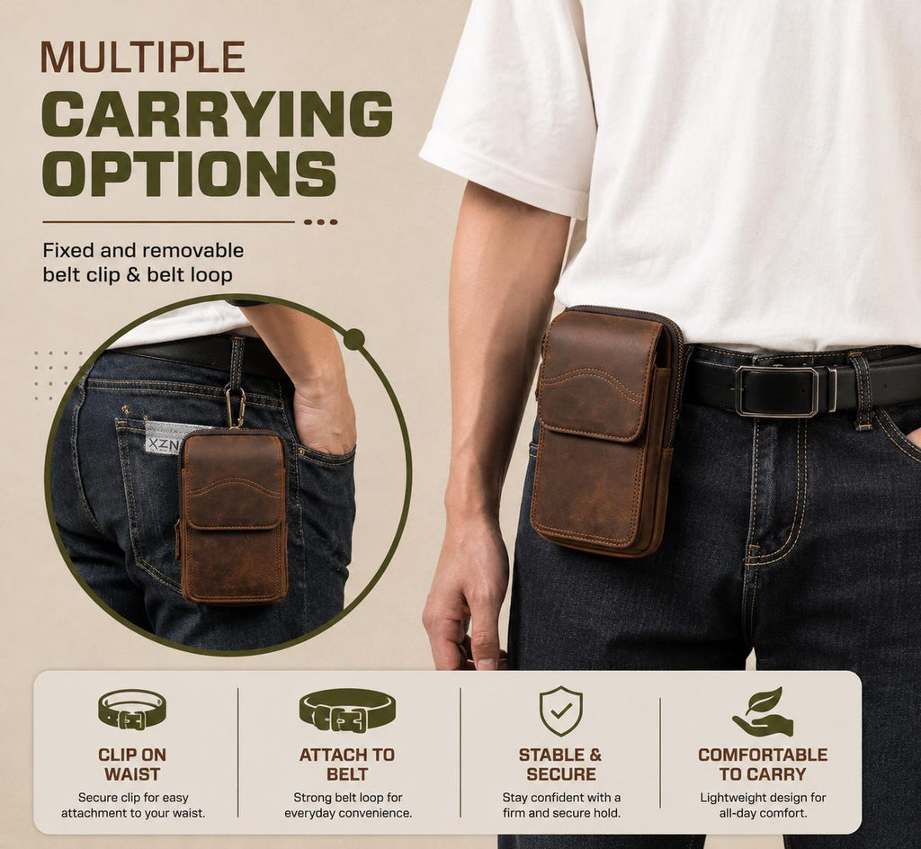 Premium Full-Grain Leather Crossbody Waist Bag for Men – Vintage Multi-Pocket Travel Sling (Dark Brown)