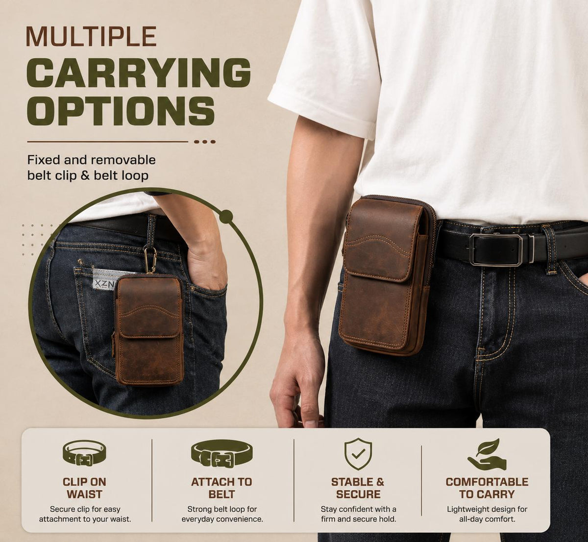 Premium Full-Grain Leather Crossbody Waist Bag for Men – Vintage Multi-Pocket Travel Sling (Dark Brown)