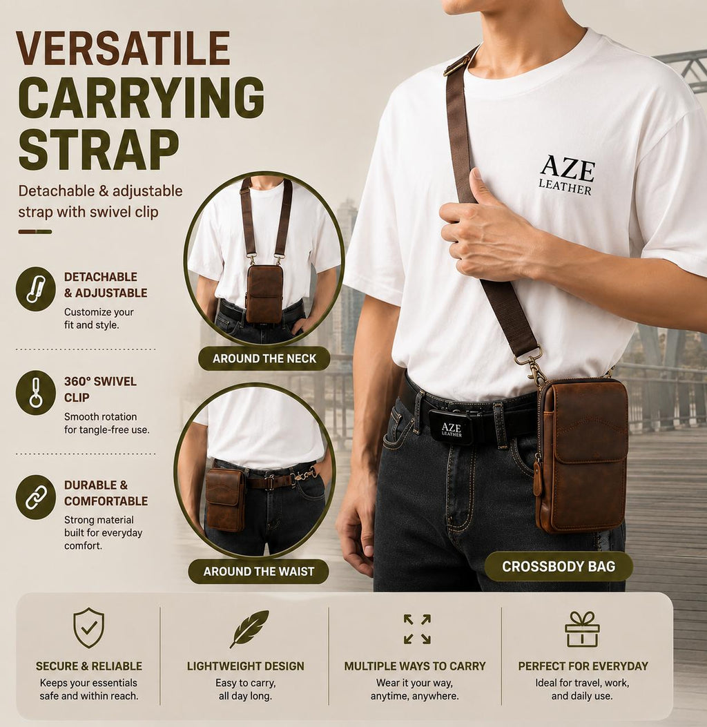 Premium Full-Grain Leather Crossbody Waist Bag for Men – Vintage Multi-Pocket Travel Sling (Dark Brown)