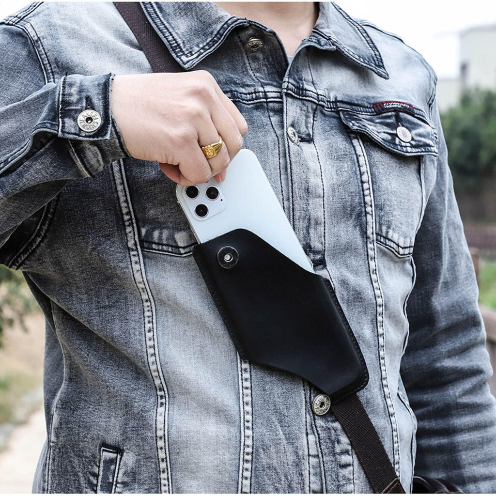 Premium Genuine Leather Phone Holster Belt Pouch for Men | Vertical Waist Case | Black Leather Phone Holder