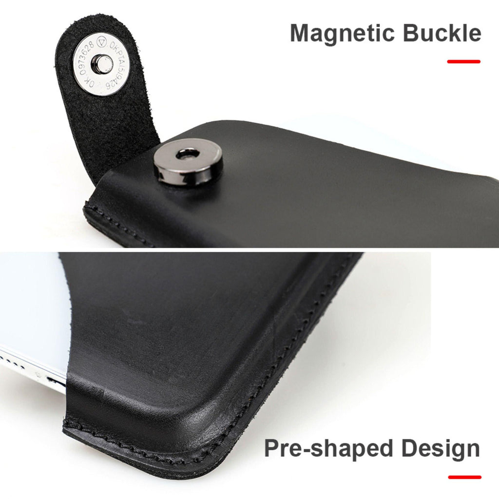 Premium Genuine Leather Phone Holster Belt Pouch for Men | Vertical Waist Case | Black Leather Phone Holder