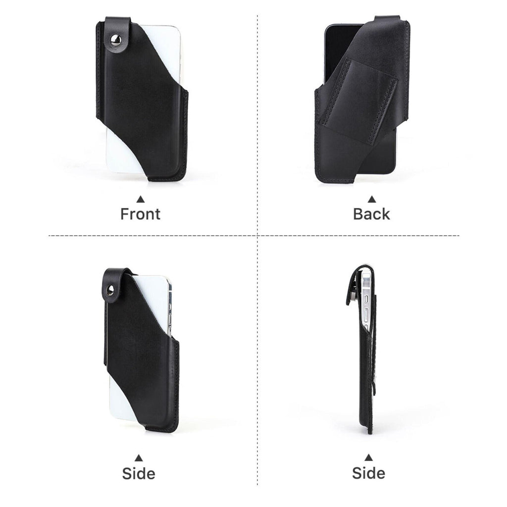 Premium Genuine Leather Phone Holster Belt Pouch for Men | Vertical Waist Case | Black Leather Phone Holder