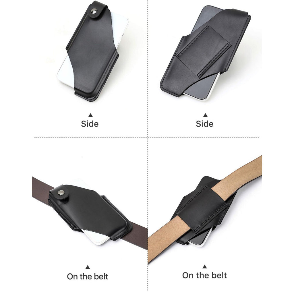 Premium Genuine Leather Phone Holster Belt Pouch for Men | Vertical Waist Case | Black Leather Phone Holder