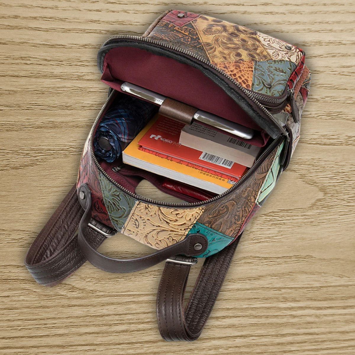 Patchwork Leather Backpack: Convertible Shoulder Bag, Travel Daypack